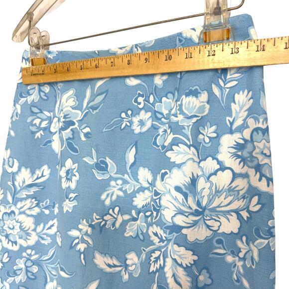 VTG Pencil Maxi Skirt 6 Blue Floral Linen Preppy Grandmillennial Coastal Chic - Picture 7 of 11